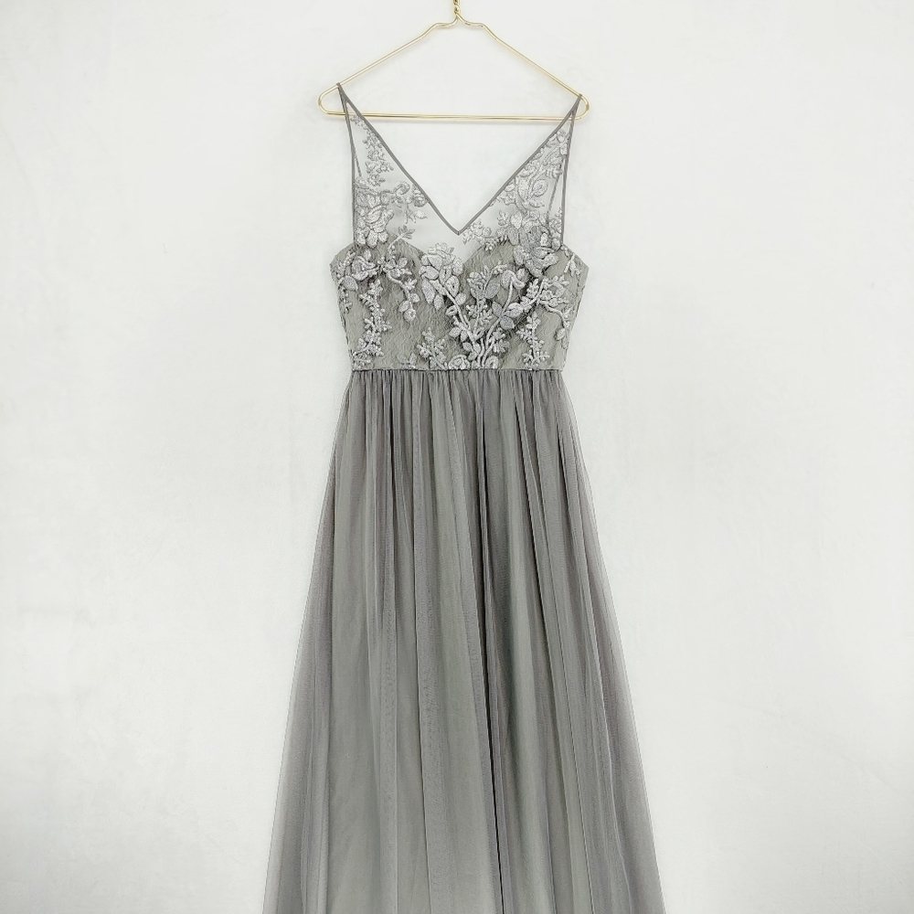 NEW Amsale Sora Gunmetal Lace Bodice Maxi A Line Bridesmaid Dress Z81